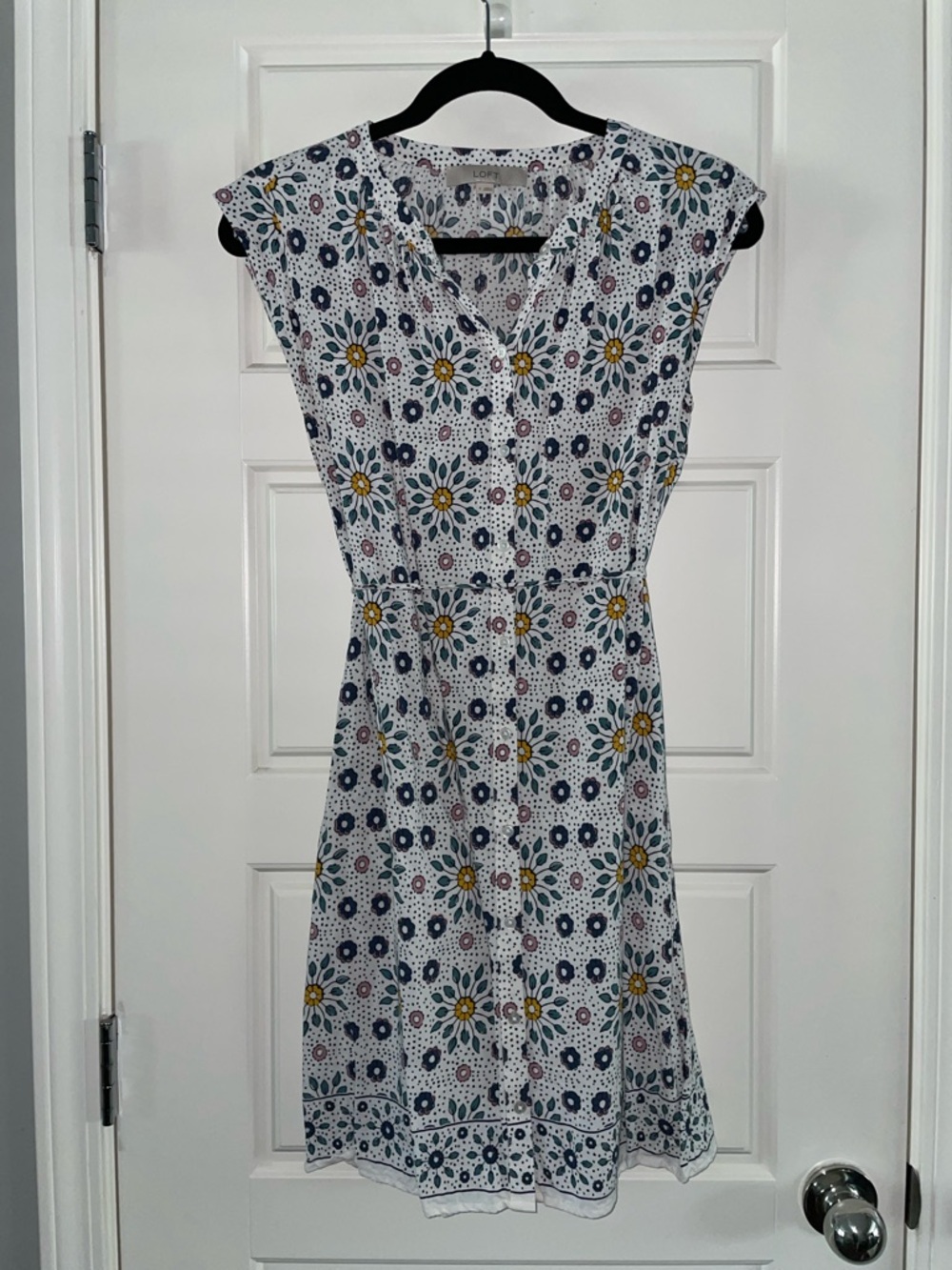 LOFT White Dress with Navy and Yellow Floral Print and Pockets
